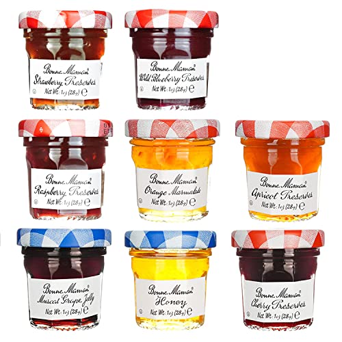Bonne Maman Assorted Preserves - Strawberry, Apricot, Raspberry, Orange, Cherry, Honey, Grape, Blueberry - 8 jars x 1 oz Bonne Maman