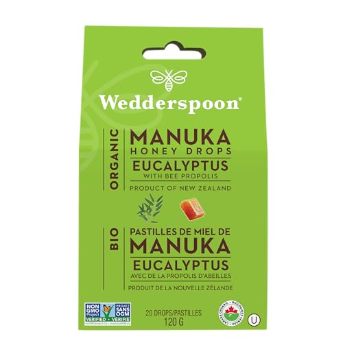 Wedderspoon Organic Manuka Honey Drops, Eucalyptus & Bee Propolis, 20 Count (Pack of 1), Genuine New Zealand Honey, Perfect Remedy For Dry Throats
