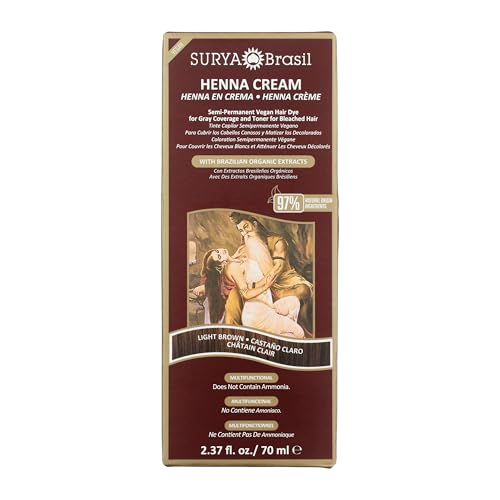Surya Brasil Henna Cream Light Brown - 97% Natural Ingredients, Vegan, Cruelty-Free, Eco-Friendly, Semi-Permanent Hair Color, Deep Hydration & Shine, 2.37 oz Surya Brasil