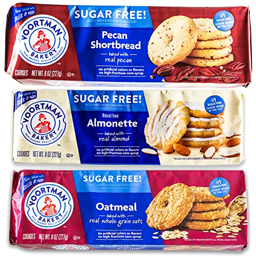 Voortman Sugar Free Cookies - Variety Pack - Oatmeal (1, 8oz packs) - Iced Almonette (1, 8oz) - Pecan Shortbread (1, 8oz) - Made with Real Ingredients - 3 Packs Total