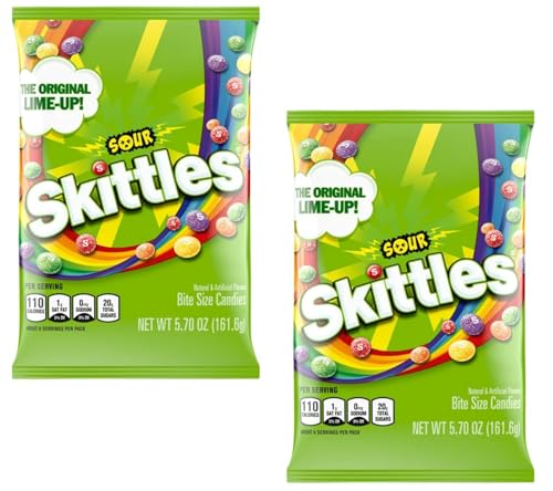 Skittle Sours Candy - Pack of 2 - Sour Outside and Sweet Inside - Bite Size Candy - Perfect for Sharing - Strawberry, Grape, Orange, Lemon, and Lime