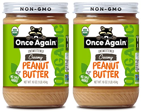 Once Again Organic Creamy Peanut Butter, 16oz - Salt Free, Unsweetened - USDA Organic, Gluten Free Certified, Vegan, Kosher - Glass Jar - 2 Pack Once Again