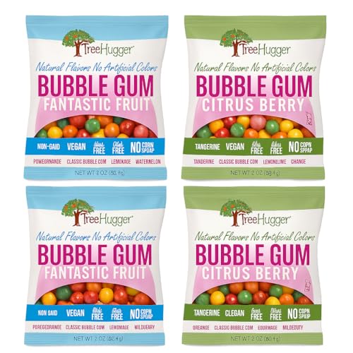 Tree Hugger Bubble Gum Variety Pack, Natural Colors and Flavors, Citrus Berry and Fantastic Fruit, Vegan, Non-GMO, Nut Free, Dairy Free, Kosher, 2 oz Bags, 4 bags Tree Hugger