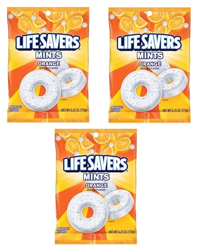 Orange Mint Life Savers - Pack of 3 - Individually Wrapped Orange Mints - Perfect for Snacking on the Go - Great for Sharing Life Savers