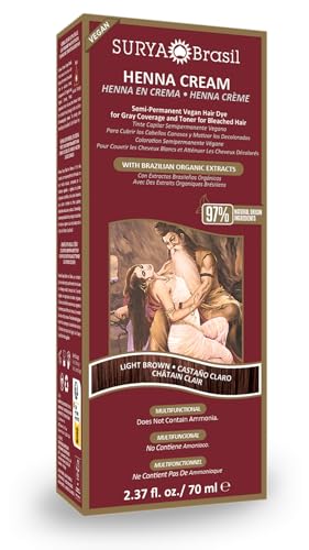 Surya Brasil Light Brown Natural Henna Cream Hair Color Treatment for Gray Hair Coverage, Deep Conditioning Semi Permanent Hair Dye, 2.37 oz / 70 ml Surya Brasil