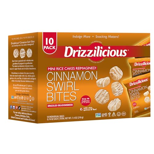 Drizzilicious Mini Rice Cakes Cinnamon Swirl - Rice Crisps, Healthy Snack for Adults and Kids, Flavored Rice Cakes, Vegan, Gluten Free, Allergen Free, Only 90 Calories Per Bag - 0.74 oz (Pack of 10) Drizzilicious