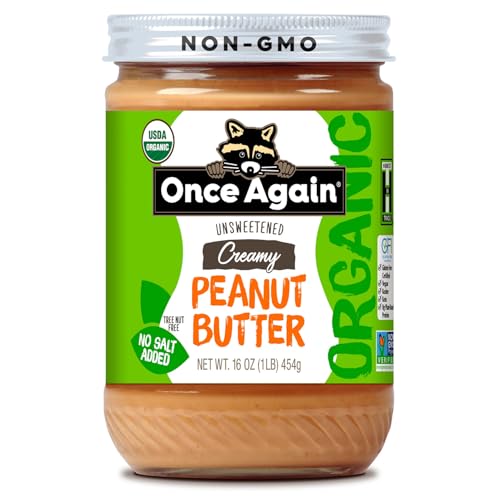 Once Again Organic Creamy Peanut Butter No Sugar Added - Single Ingredient, Unsalted, Natural Peanut Butter No Palm Oil - Glass Jar, Non-GMO, Gluten Free - Smooth and Unsweetened - 1 Jar (16 oz) Once Again