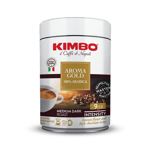 Kimbo Aroma Gold 100% Arabica | Ground Coffee | Medium Dark Roast | 9/13 Intensity | Intense Flavor and Dark Chocolate Notes | 8.8 oz Can KIMBO