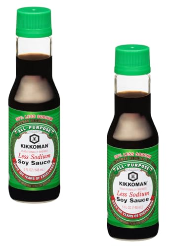 Kikkoman Less Sodium Soy Sauce Bottles - Pack of 2 - Use on a Variety of Foods - Soy Sauce with 37% Less Sodium - Traditionally Brewed Kikkoman