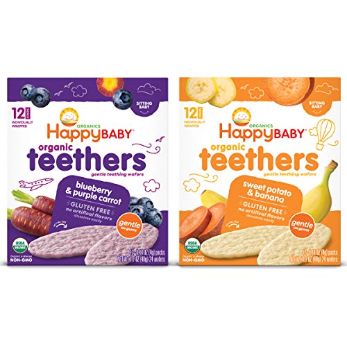 Happy Baby Organics Gluten Free Organic Teethers 2 Flavor Variety Pack (Blueberry & Purple Carrot/Sweet Potato & Banana), 12 Count (Pack of 2) Happy Baby