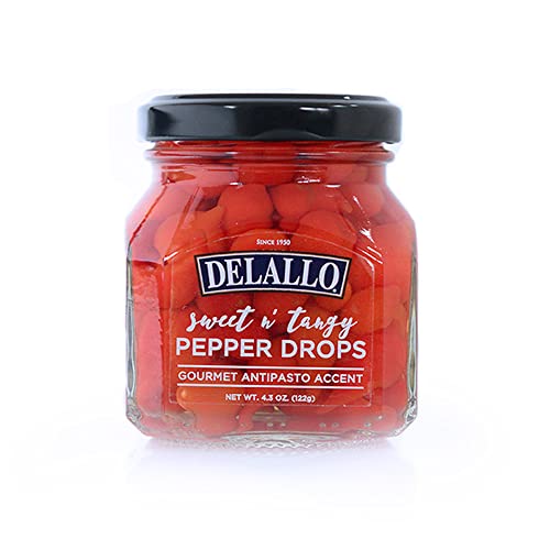 DeLallo Sweet & Tangy Pepper Drops, Red Peruvian Mini Peppers in Zesty Vinegar Marinade, Gourmet Condiment for Charcuterie and Salads, Non-GMO, Vegan, 4.3 oz. Jar DeLallo