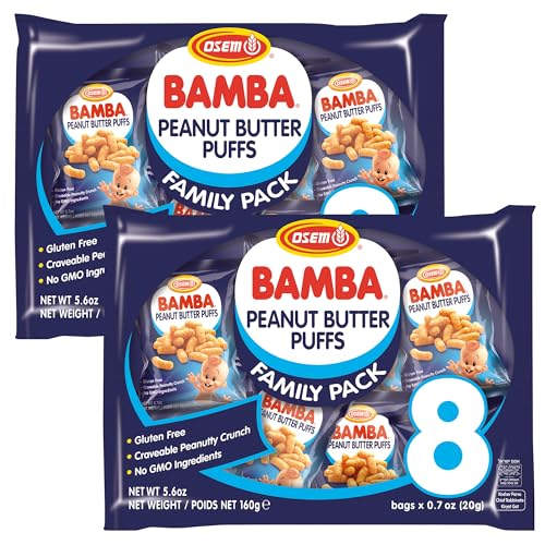 Osem Bamba Peanut Butter Puffs - Peanut Butter Puffs Bulk, Vegan PB Snack with Crunch for Kids, Grain Free Protein Snack, No Sugar, Family Pack - 0.7oz Bags (Pack of 16) Osem