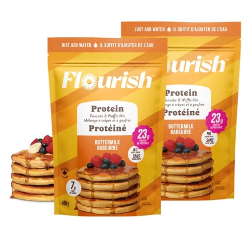 Flourish Protein Pancake & Waffle Mix, with Whey Protein & Flax Seed, No Added Sugar, High in Protein & Fiber - Just Add Water - Buttermilk Flavour, 430 g (2 Pack) - Made in Canada Flourish