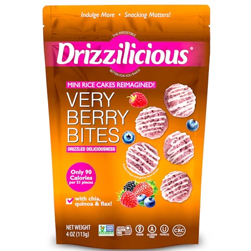 Drizzilicious Mini Flavored Rice Cakes Very Berry - Rice Crisps, Healthy Snack for Adults and Kids, Vegan, Gluten Free Snack, Allergen Free, Only 90 Calories Per 21 Pieces - 4 oz (Pack of 1) Drizzilicious