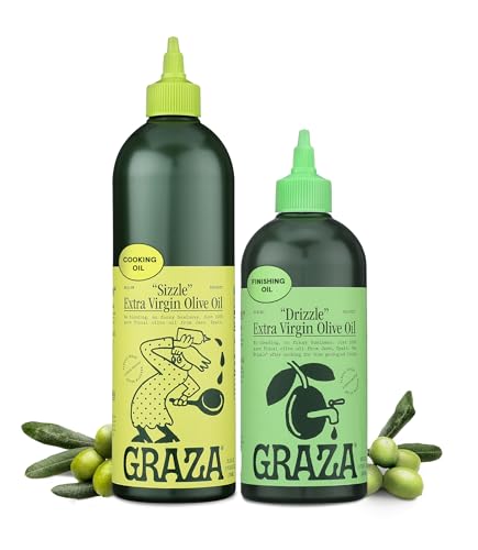 Graza Extra Virgin Olive Oil Variety Pack, Sizzle & Drizzle - High Polyphenol Peak Harvest EVOO Cooking & Finishing Oil in a Squeeze Bottle - Single Farm Olives from Spain Graza