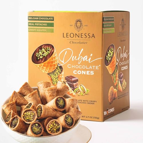 Leonessa Dubai Chocolate Cones with Pistachio Kunafa | Made with Premium Belgian Chocolates | Kunafa Chocolate | Chocolates de Dubai - 4.7 oz Leonessa