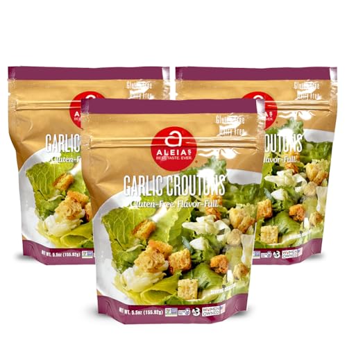 Aleias Gluten Free Garlic Croutons  5.5oz (3 Pack)  Crunchy Topping for Salads & Soups  Dairy Free, Soy Free, Low Sodium, No MSG, No Preservatives, Kosher ALEIAS BEST. TASTE. EVER.