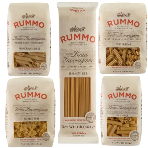 Rummo Pasta Variety Pack - Spaghetti Noodles, Fusilli, Penne Rigate, Farfalle, Ziti, Made with Semolina Flour, Pasta from Italy - 16 Ounce (Pack of 5) Rummo