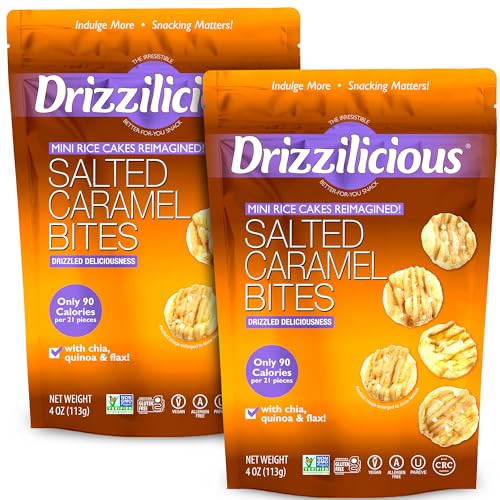 Drizzilicious Mini Flavored Rice Cakes Salted Caramel - Rice Crisps, Healthy Snack for Adults and Kids, Vegan, Gluten Free Snack, Allergen Free, Only 90 Calories Per 21 Pieces - 4 oz (Pack of 2) Drizzilicious