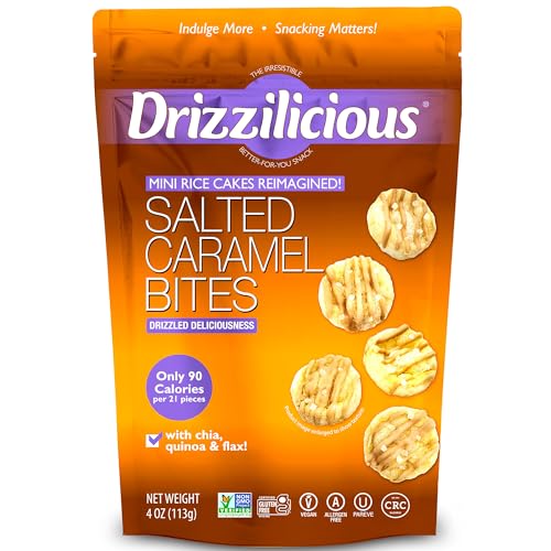 Drizzilicious Mini Flavored Rice Cakes Salted Caramel - Rice Crisps, Healthy Snack for Adults & Kids, Vegan, Gluten Free Snack, Allergen Free, 90 Calories Per 21 Pieces - 4 oz (Pack of 1) Drizzilicious